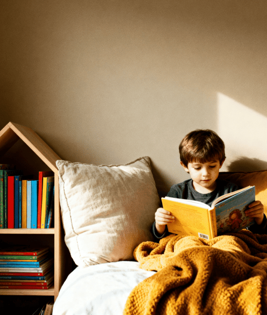 Child reading a book on a cozy bed with warm sunlight, surrounded by pillows, blanket, and a small bookshelf filled with colorful books.
