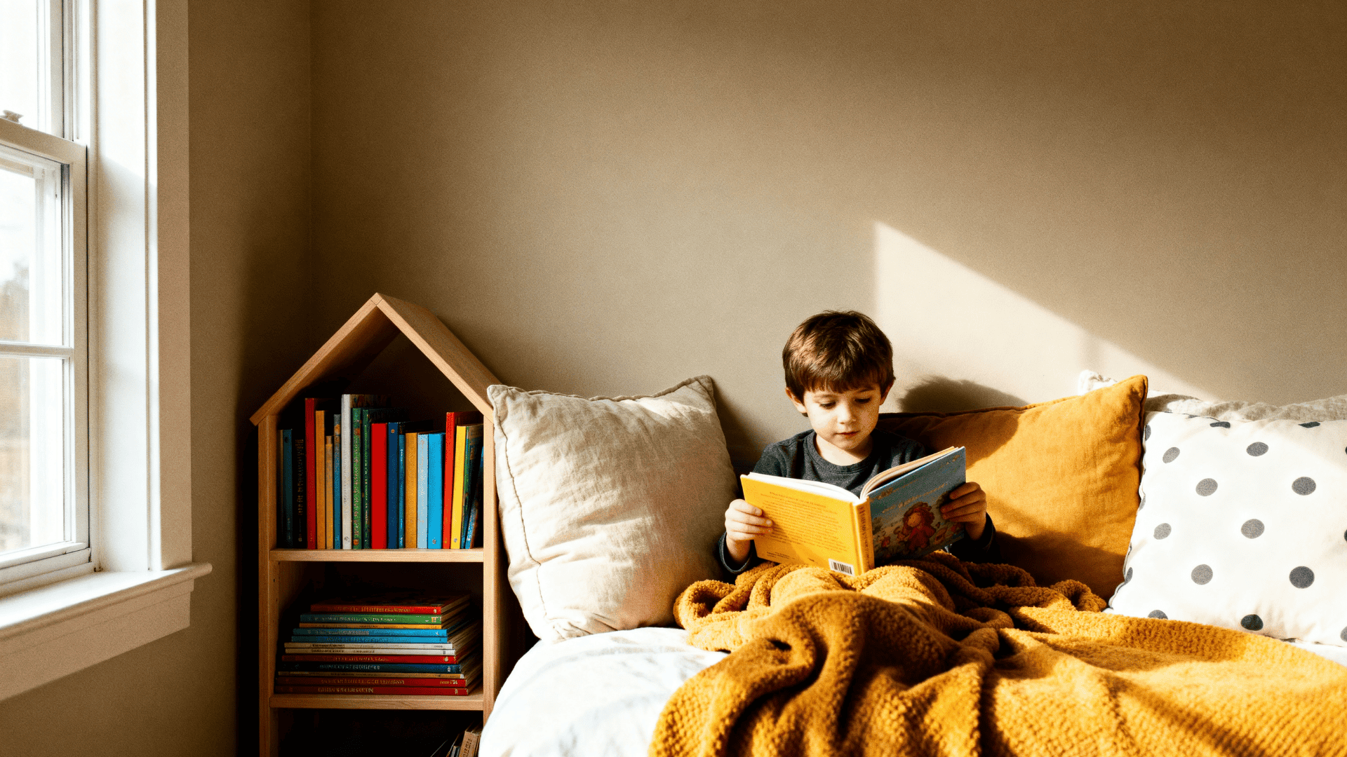 Child reading a book on a cozy bed with warm sunlight, surrounded by pillows, blanket, and a small bookshelf filled with colorful books.