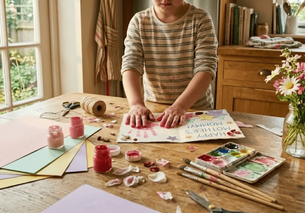 child's paint-stained hands crafting a handmade mother's day card on a sunny wooden table