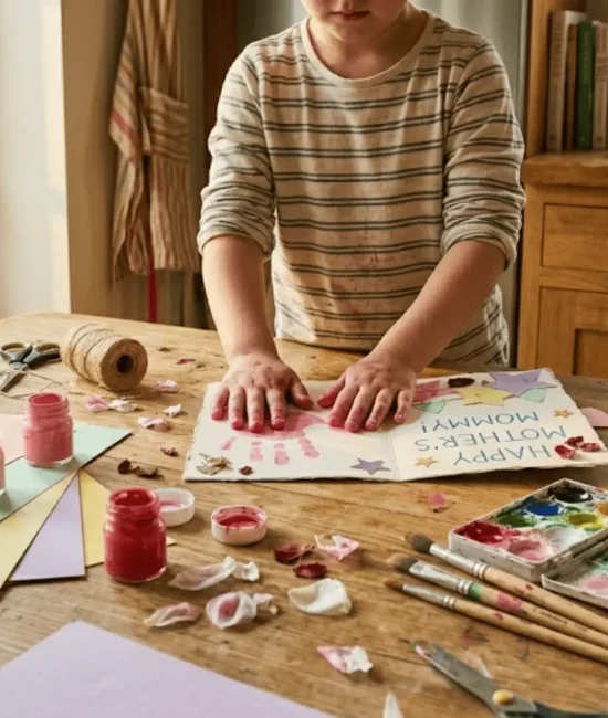 child's paint-stained hands crafting a handmade mother's day card on a sunny wooden table