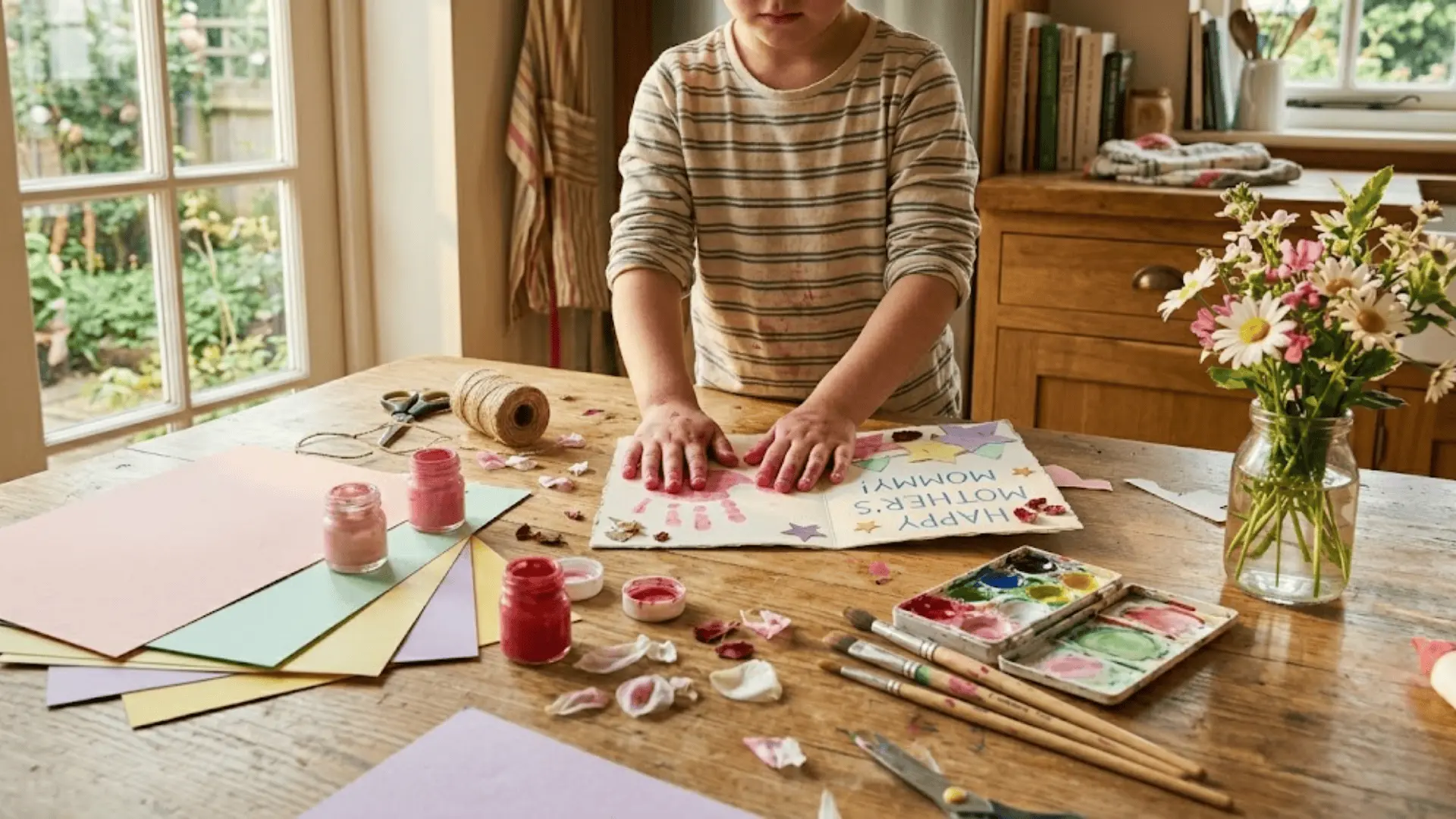 child's paint-stained hands crafting a handmade mother's day card on a sunny wooden table