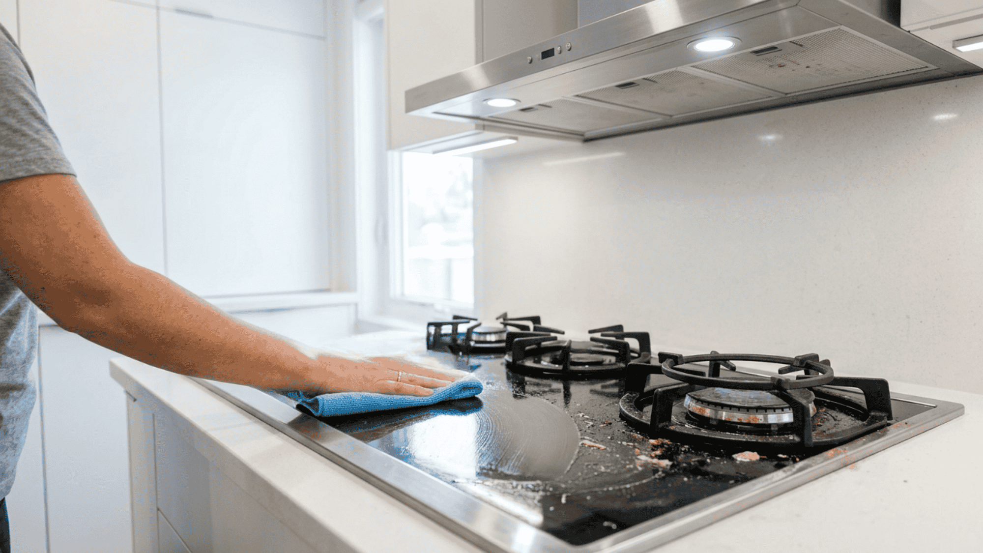 Cleaning greasy stovetop and range hood in kitchen