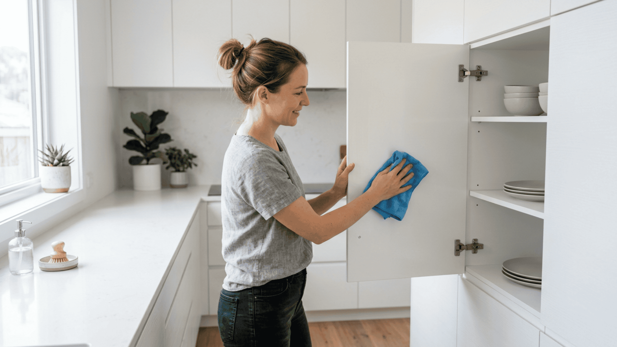 Cleaning kitchen cabinets inside and outside with a microfiber cloth