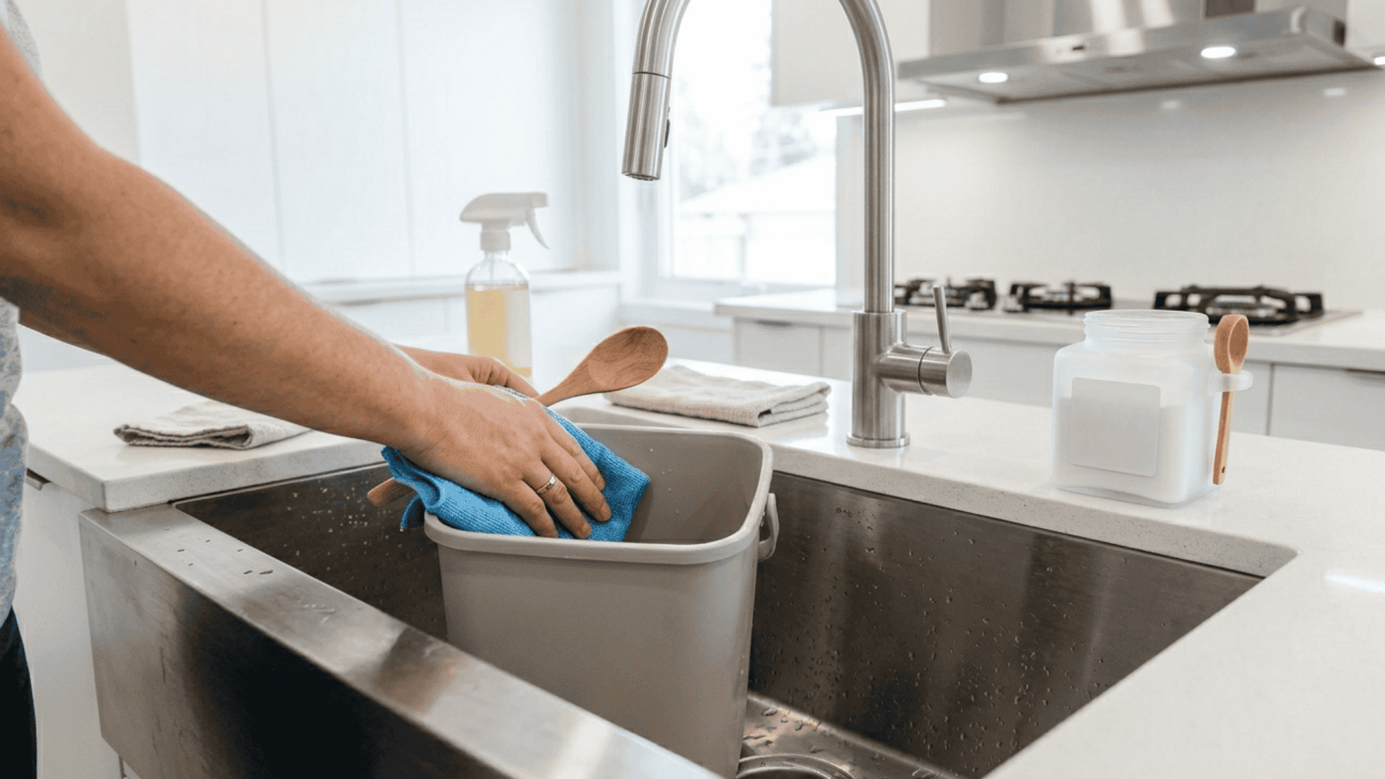 Cleaning kitchen trash bin to remove odors and bacteria