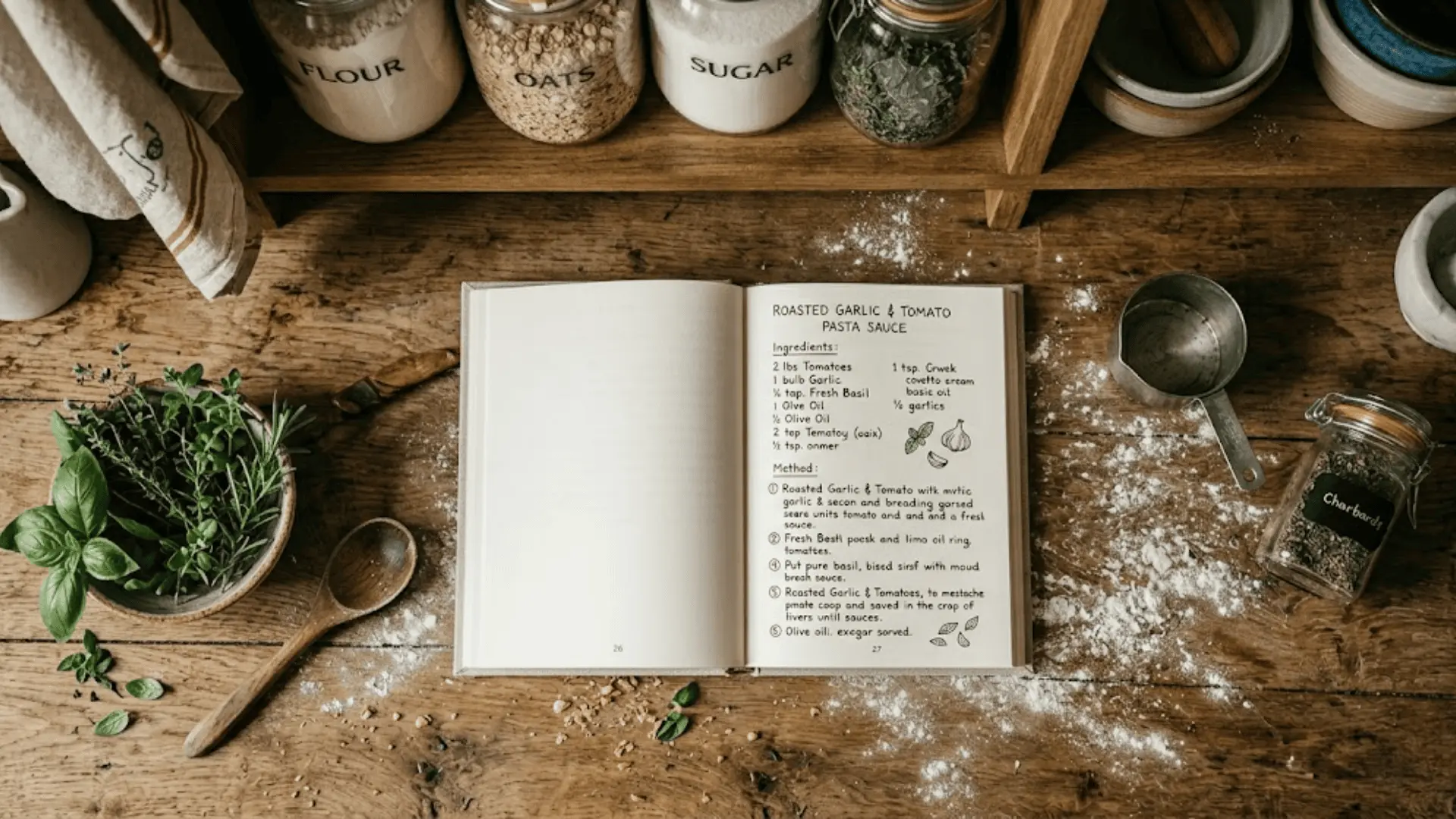 cloth-bound custom recipe book open on farmhouse counter with herbs, wooden spoon, and flour dusting