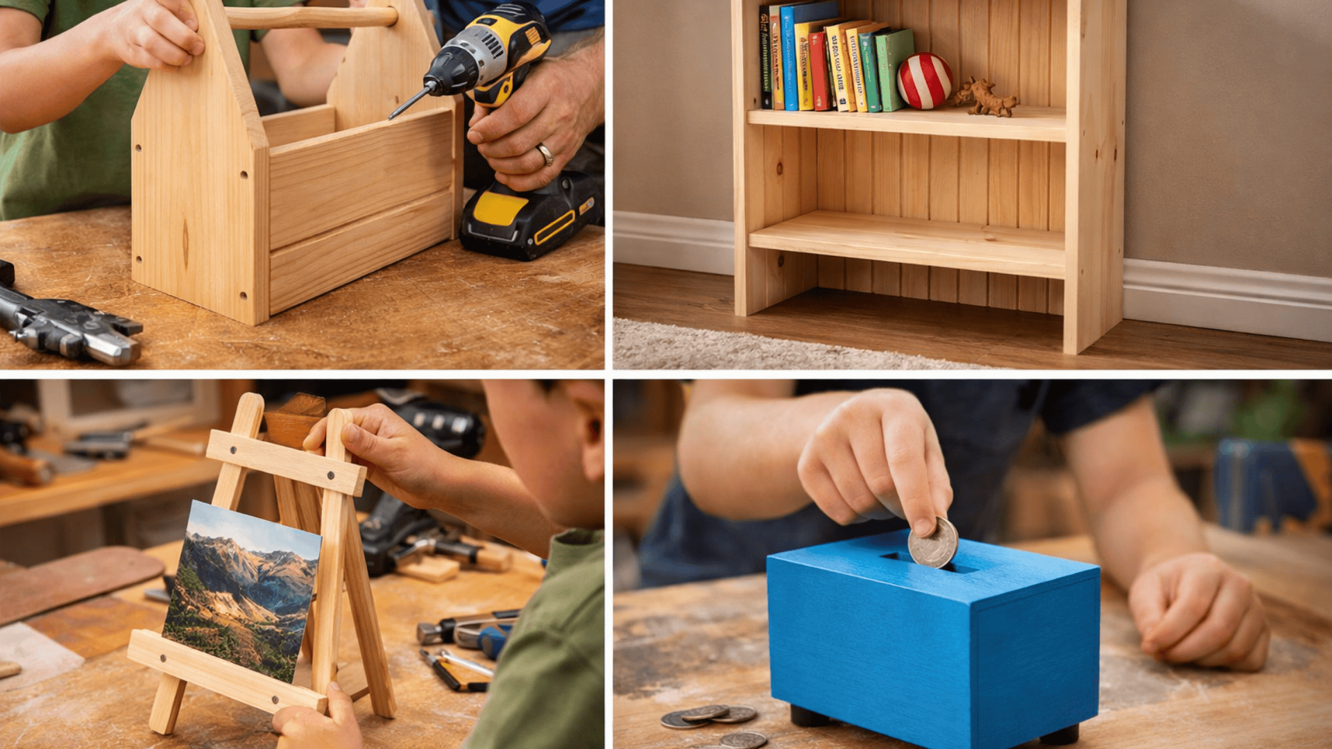 collage of a man building wood projects installing shelves, cutting boards, assembling bookshelf, and sanding coffee table