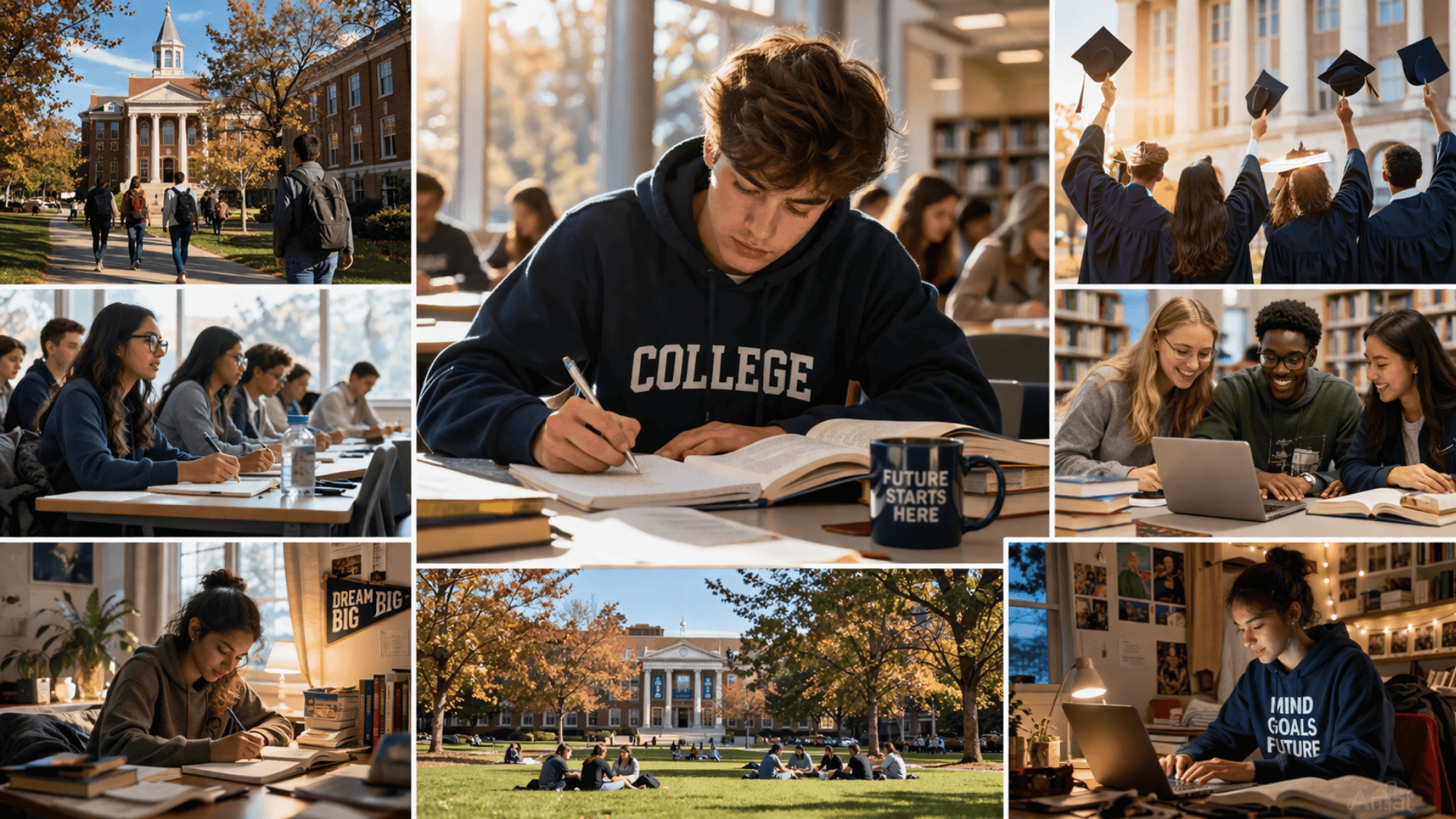 Collage of diverse college students studying in library, classrooms, and campus scenes, with graduation and teamwork moments
