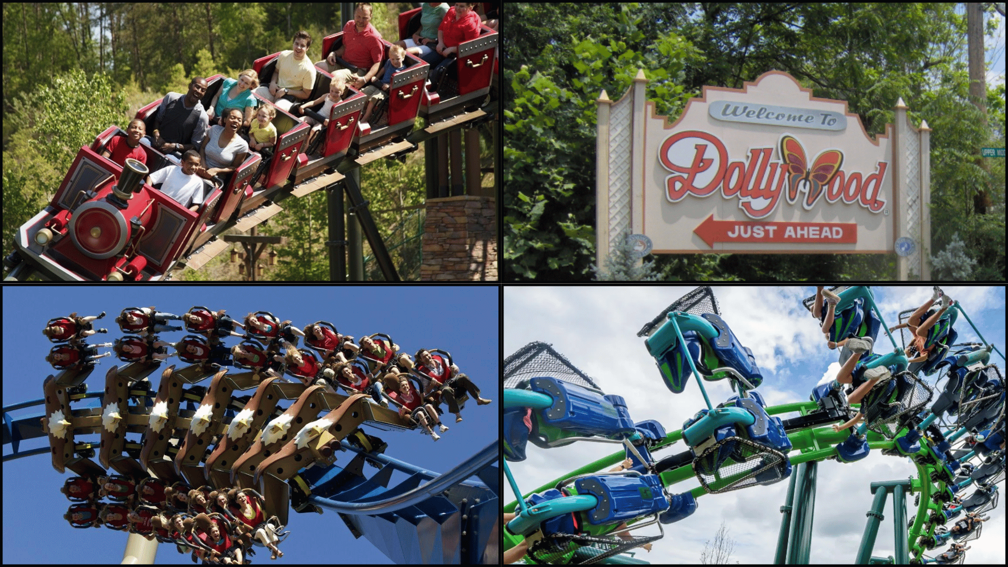 Collage of dollywood theme park sign and rides in the city of Tennessee