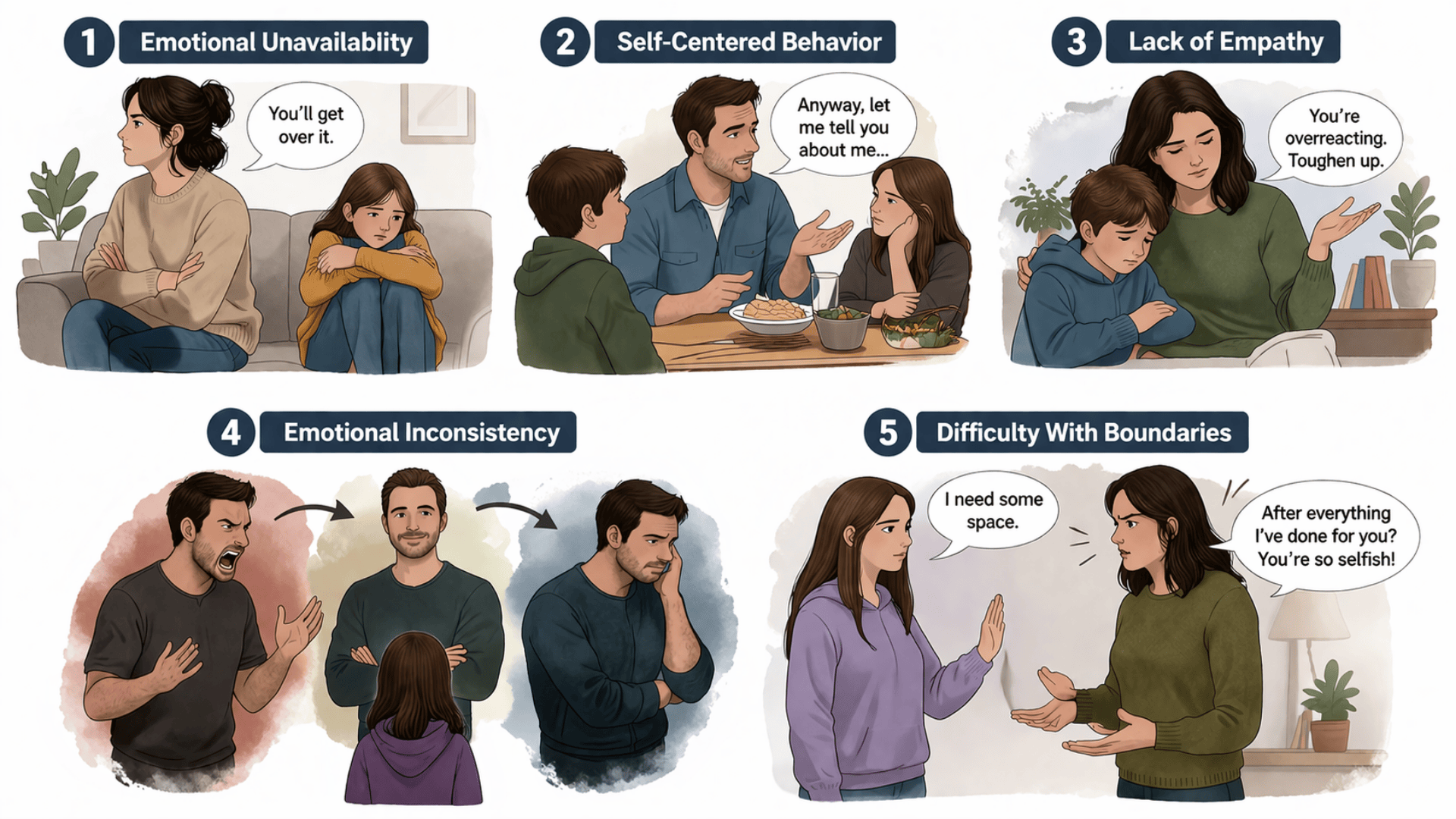 Collage of five unhealthy parenting behaviors emotional distance, self focus, low empathy, mood swings, boundary issues.