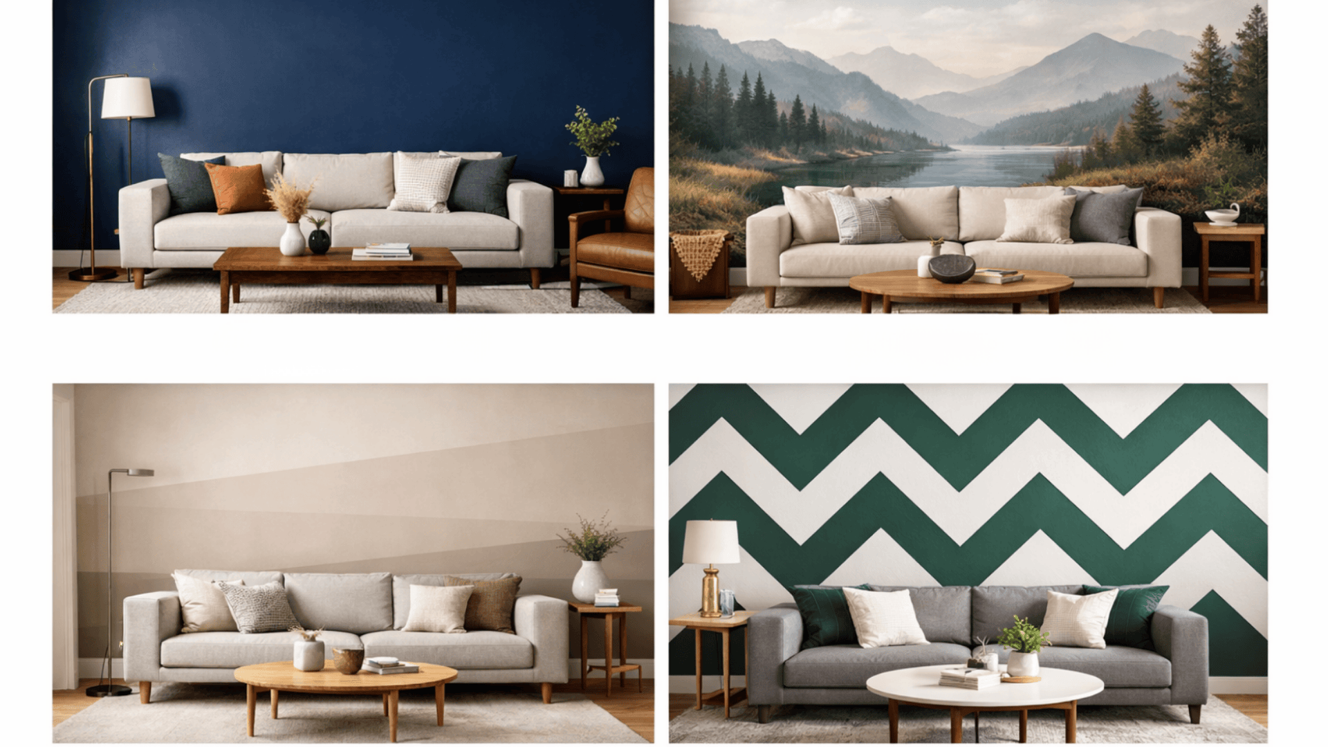Collage of four bedroom wall ideas diagonal color block, bold horizontal stripes, floral vine mural, and soft gray or greige wall design