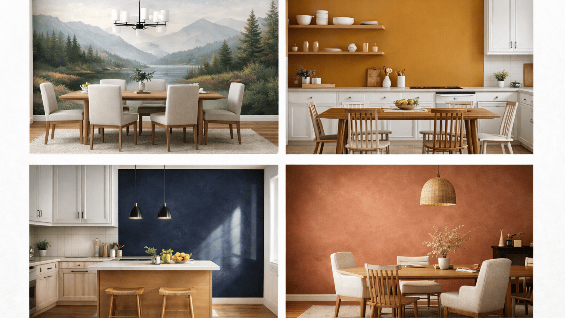 Collage of four dining and kitchen wall ideas landscape mural, deep mustard accent wall, glossy color wall, and warm terracotta dining space