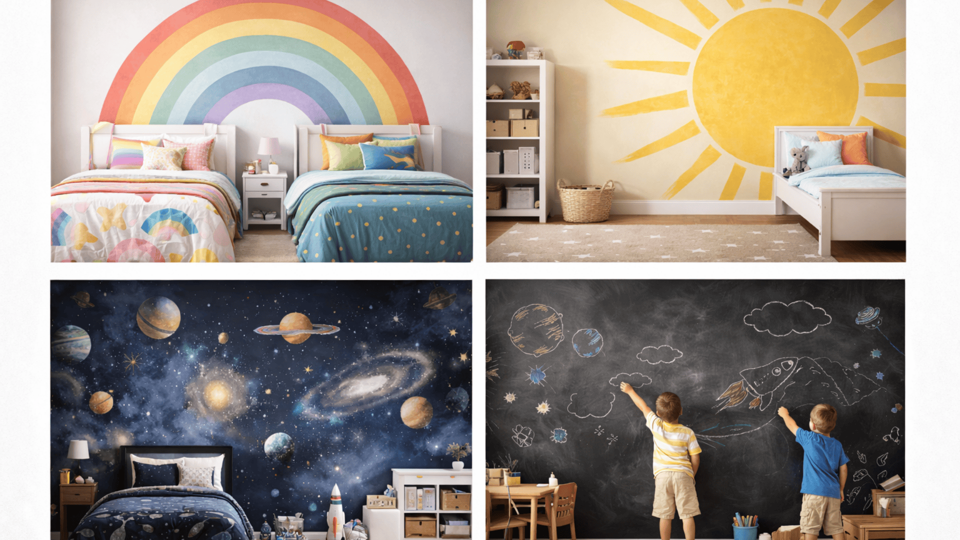 Collage of four kids room walls rainbow mural, giant sunshine painting, galaxy space theme, and black chalkboard wall for drawing