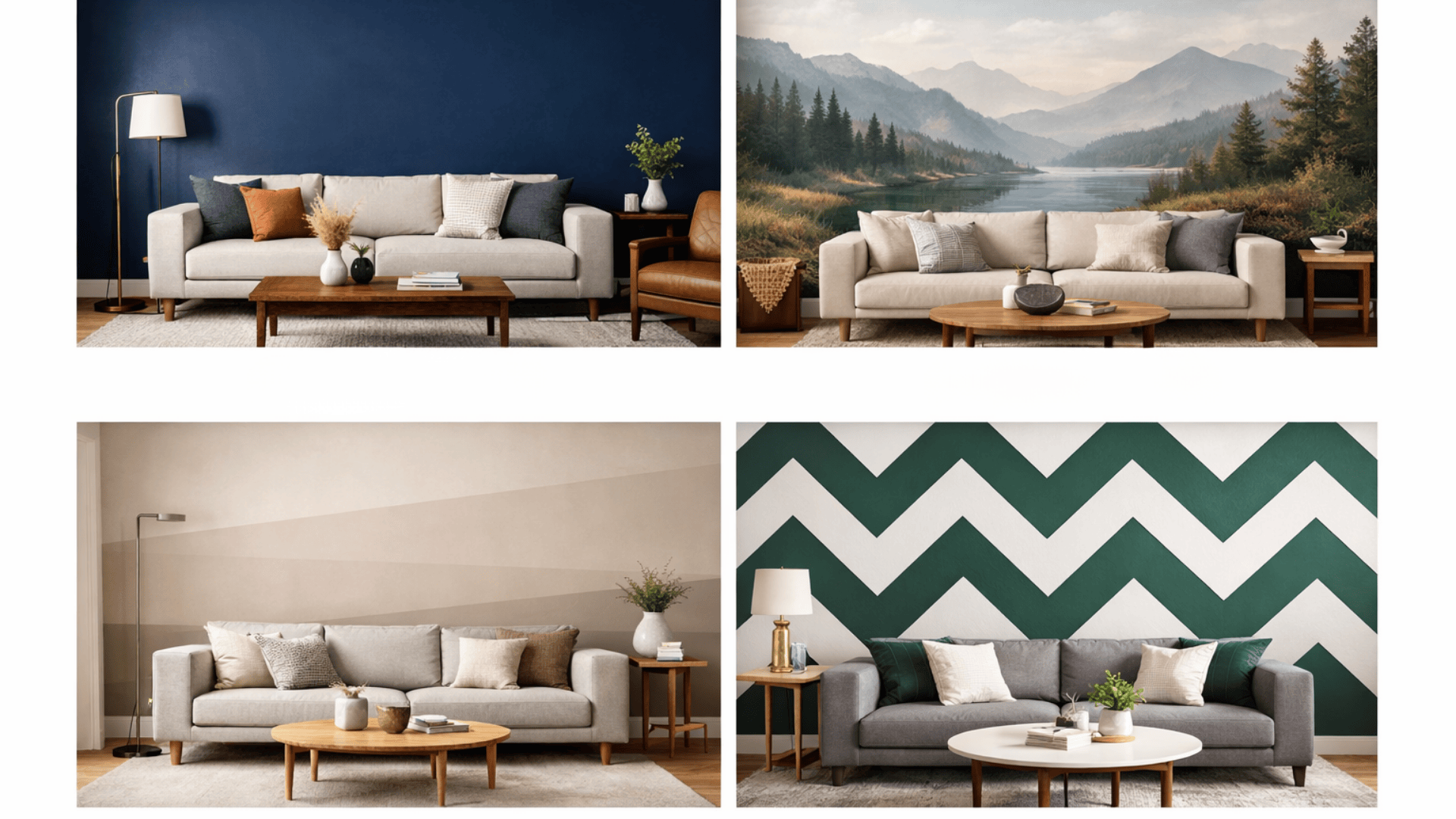 Collage of four living room wall designs bold navy accent wall, landscape mural, monochrome tones, and green geometric pattern