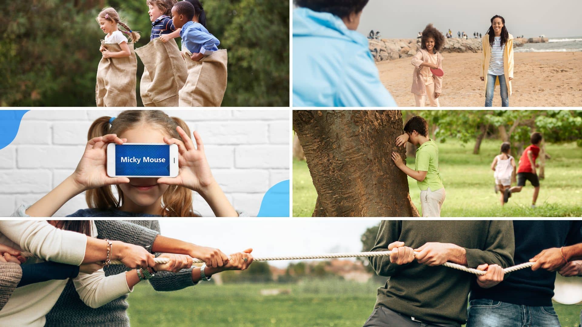 Collage of kids and families playing sack race, frisbee, hide and seek, tug of war, and card games, showing the best family games for fun bonding moments