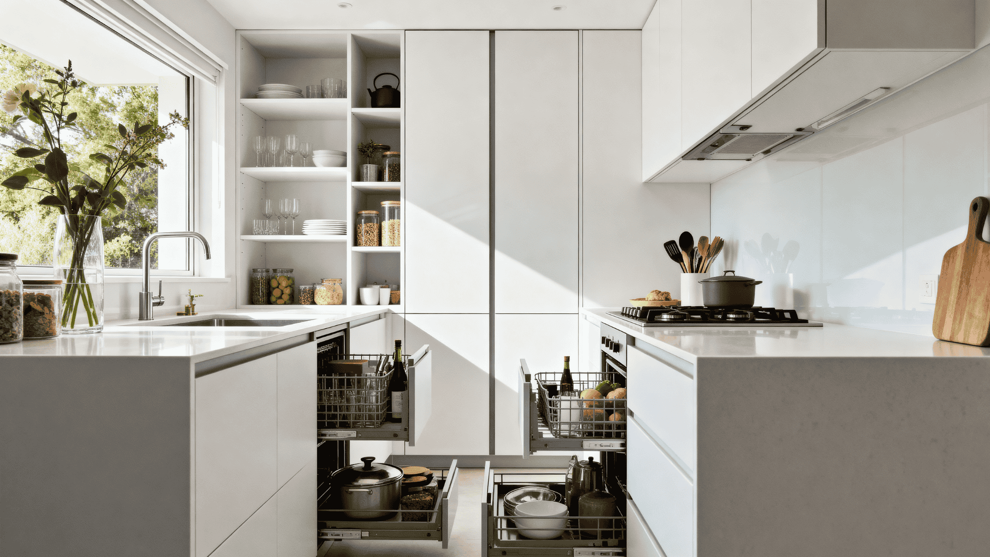 Compact kitchen with vertical floor-to-ceiling storage cabinets in a modern kitchen.