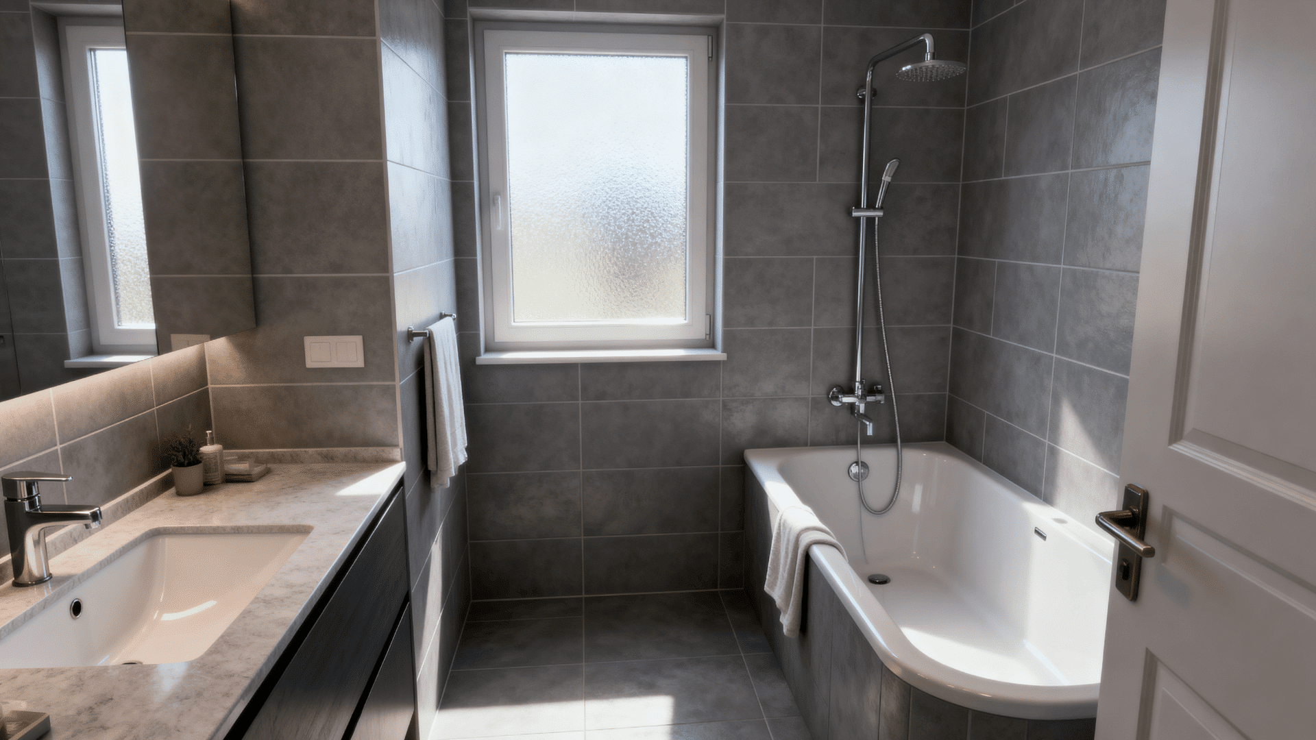 Compact modern bathroom with gray tiles, bathtub shower combo, frosted window, floating vanity, and soft natural light for a clean, functional space