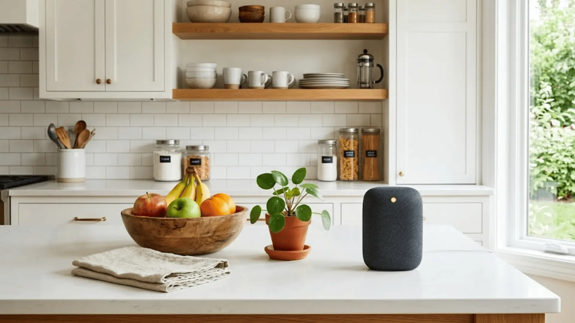 compact smart speaker on kitchen counter with fruit bowl and indoor plant in bright modern kitchen