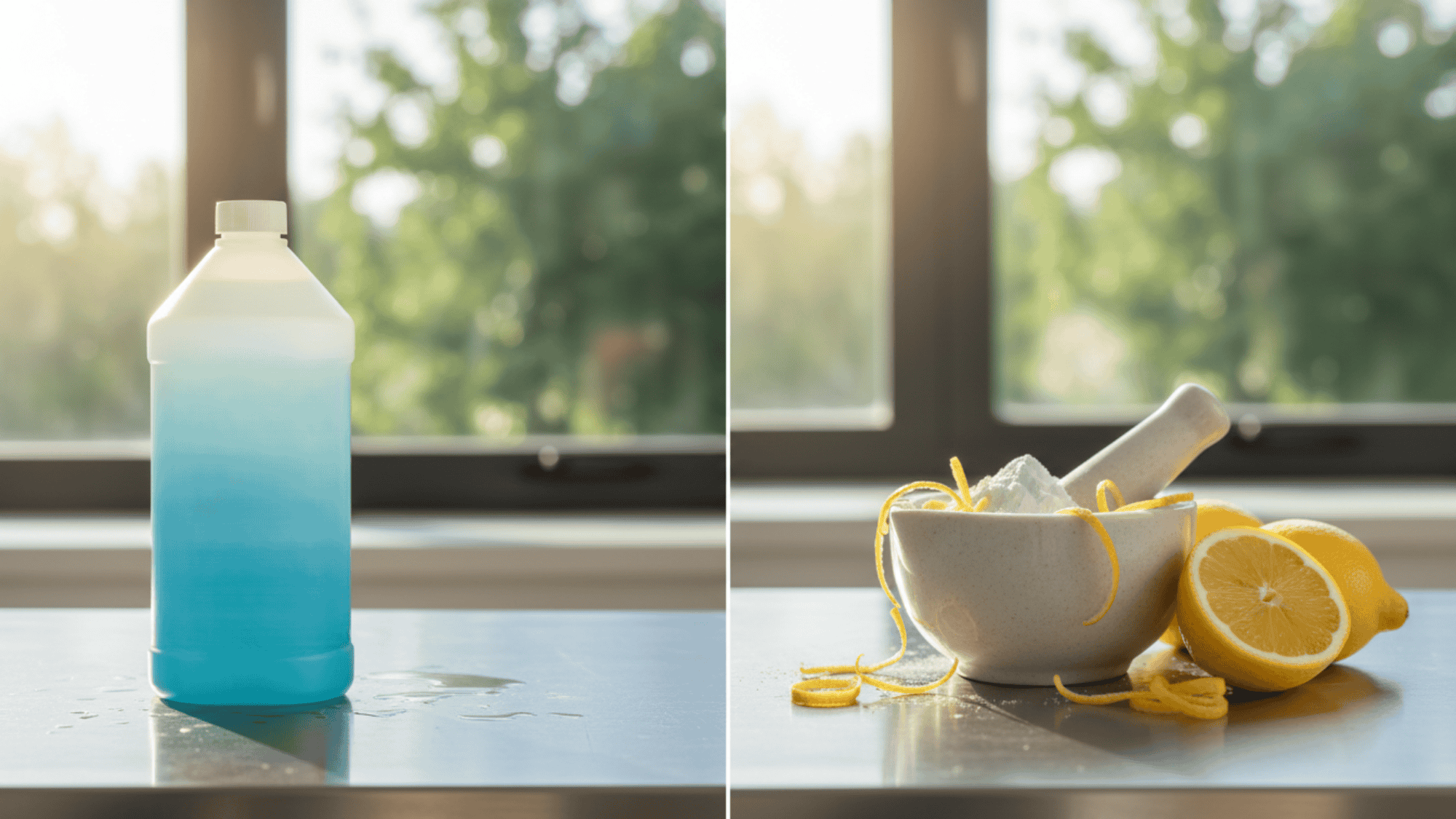 Comparison diagram showing natural oven cleaner vs chemical cleaner benefits and safety