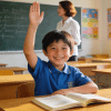 Confident child raising hand in classroom showing early learning and school readiness