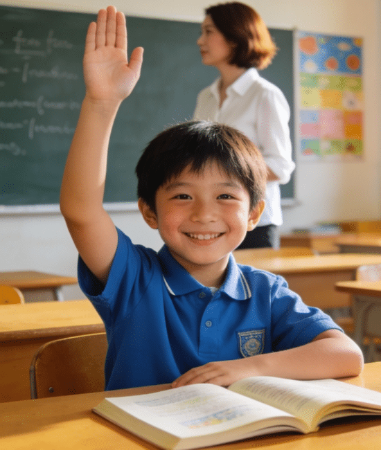 Confident child raising hand in classroom showing early learning and school readiness