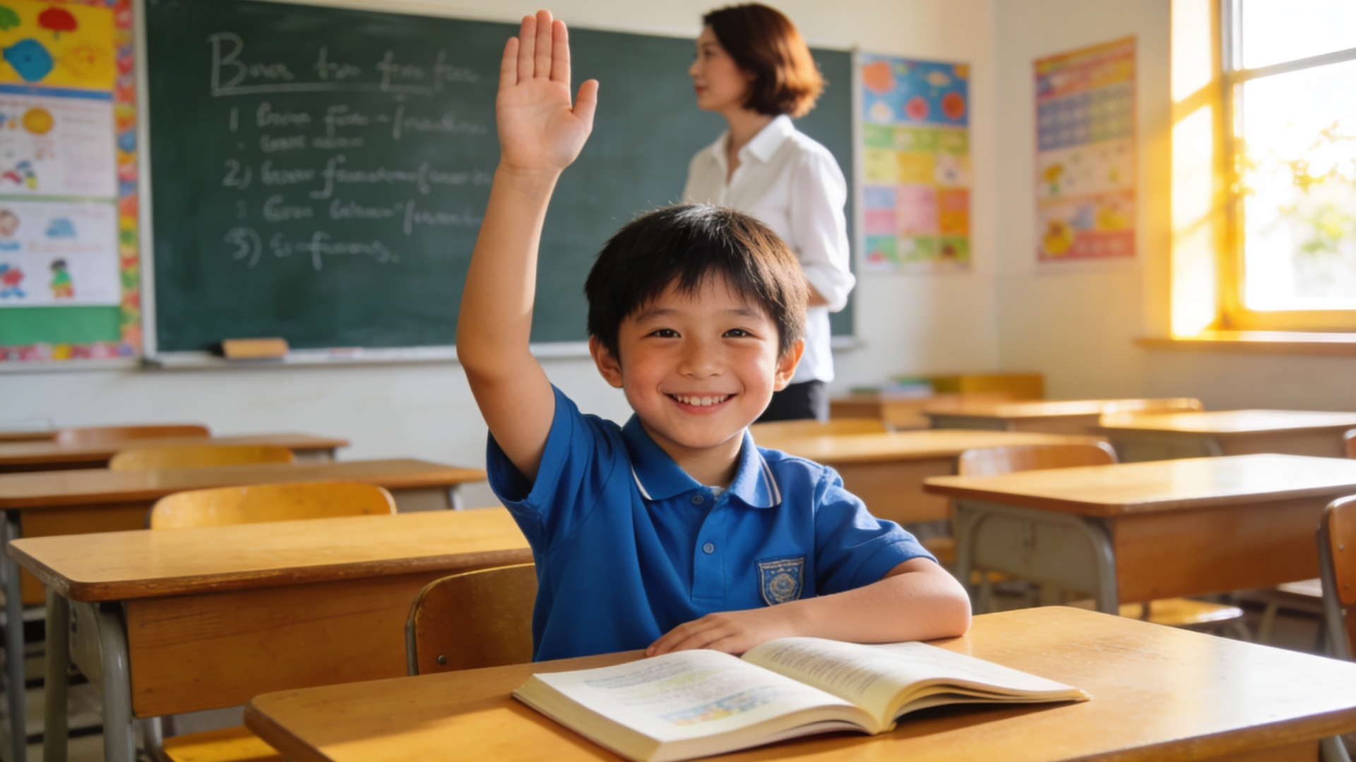 Confident child raising hand in classroom showing early learning and school readiness
