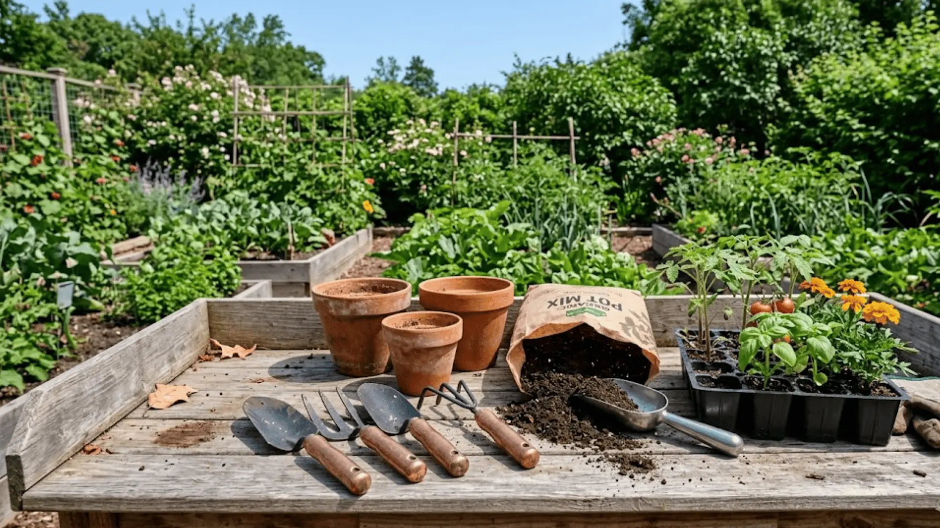 copper gardening tools on potting bench with terracotta pots, seedlings, and lush garden in bright outdoor light