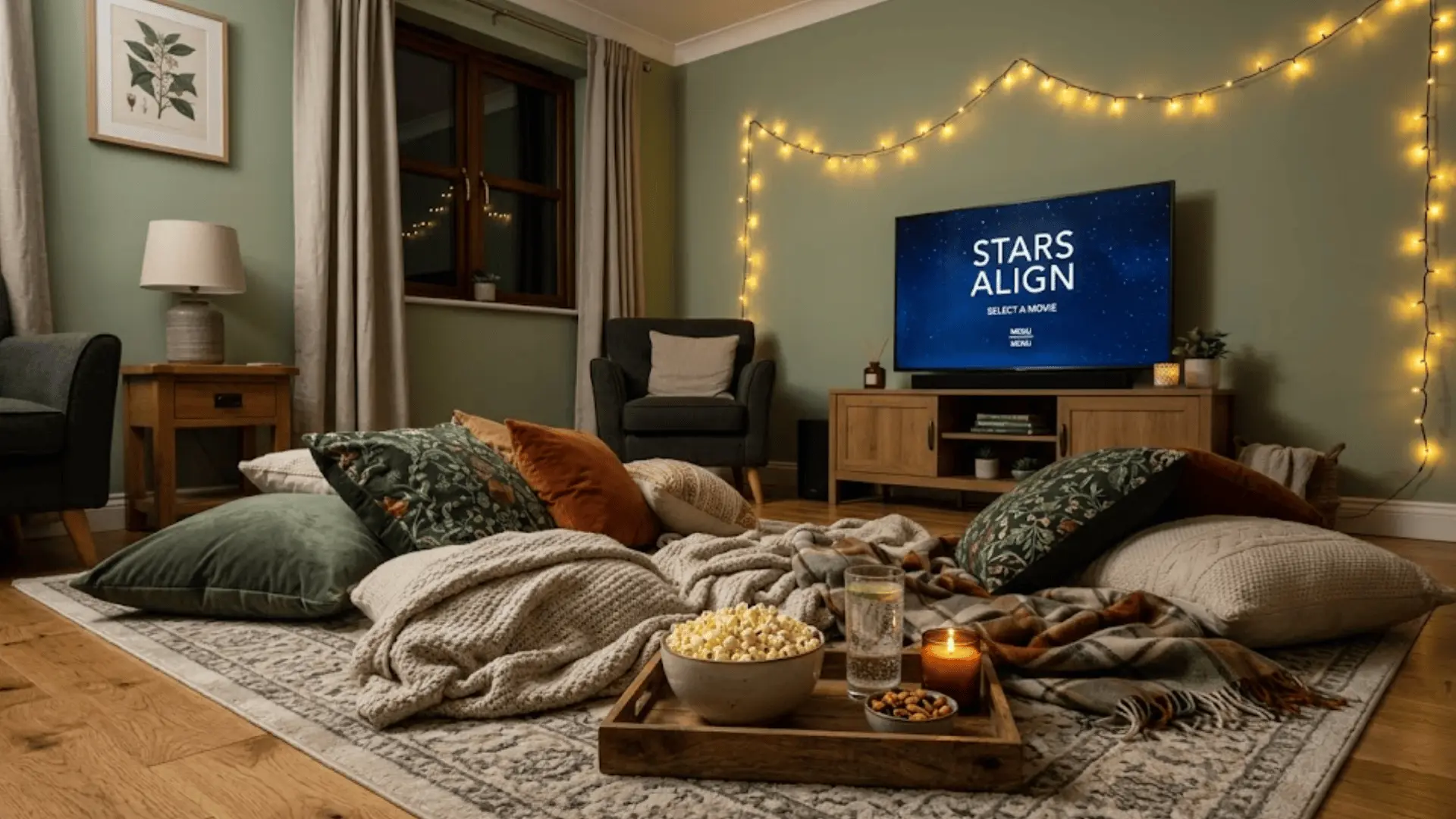 cozy movie night floor setup with cushions, popcorn tray, candle, and fairy lights in warm glowing room