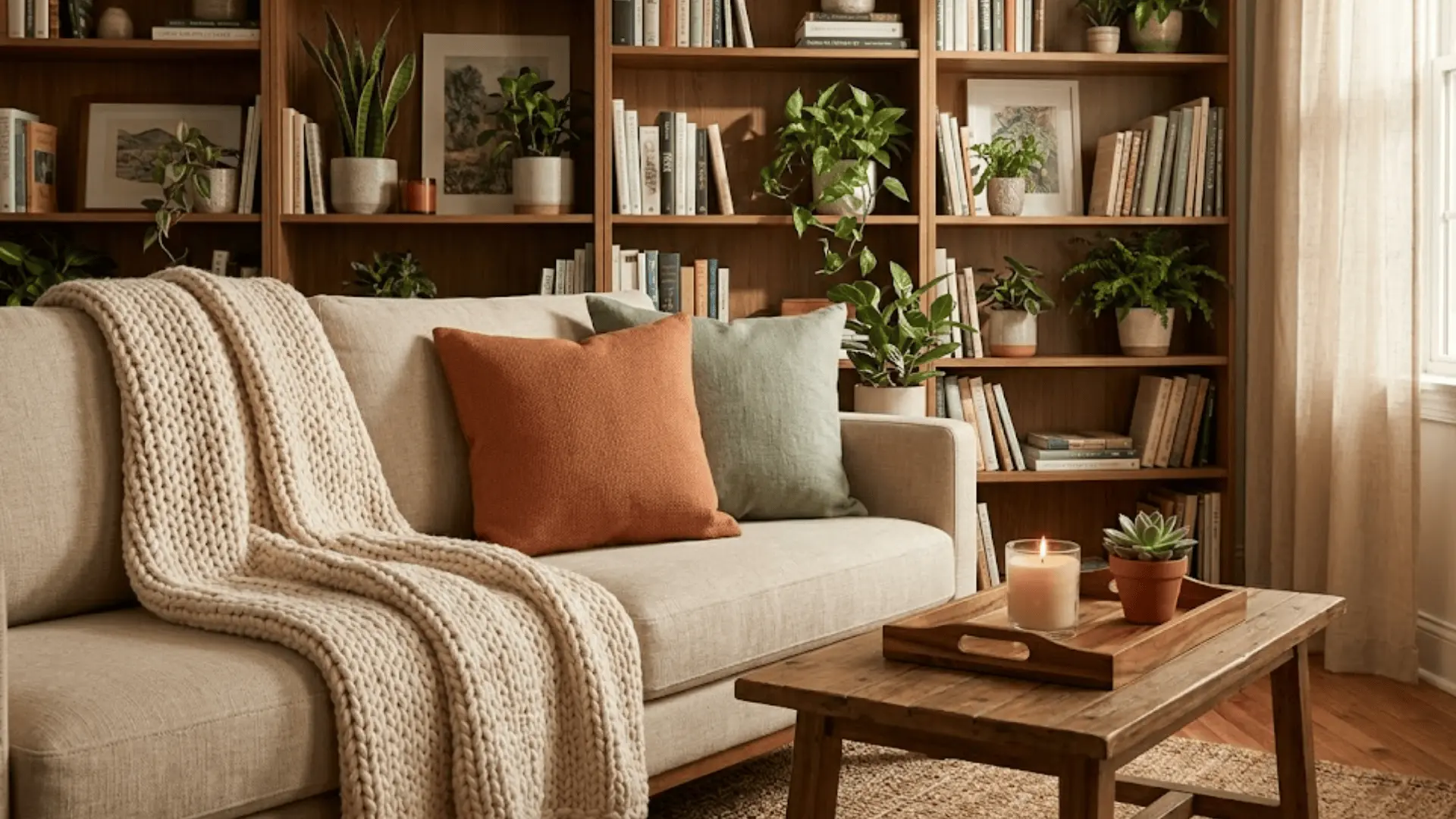 cream chunky knit throw on linen sofa with terracotta cushions and candle tray in warm afternoon light