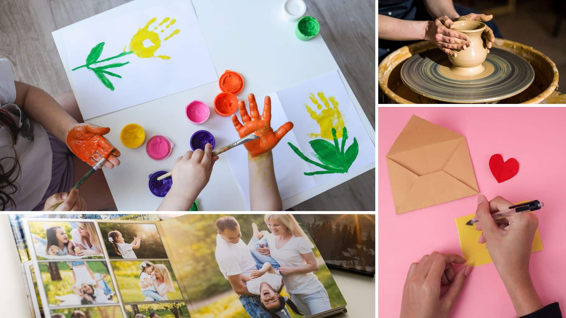 Creative homemade Mother's Day gifts kids painting with handprints, pottery, scrapbook, and handmade greeting card ideas