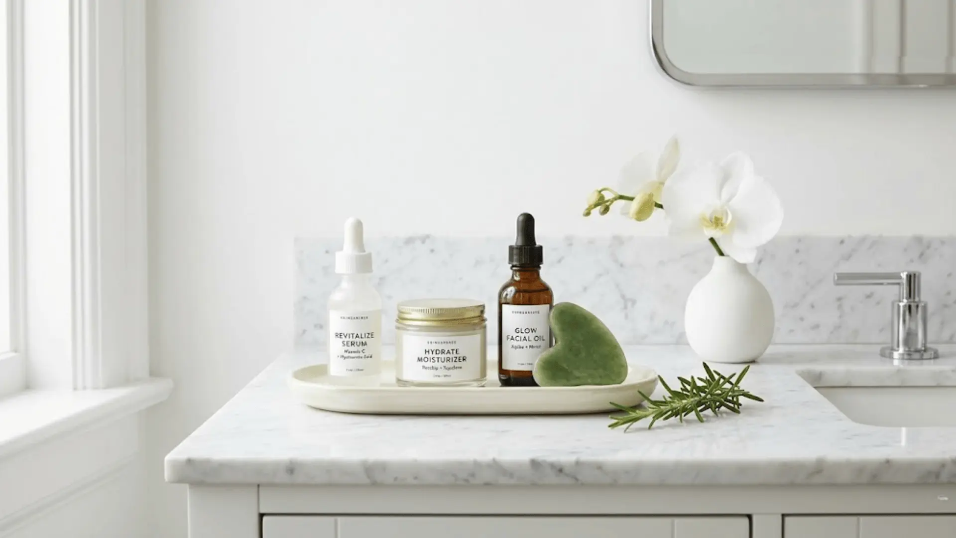 curated skincare gift set on marble vanity with serum, moisturizer, gua sha, and white orchid in natural light