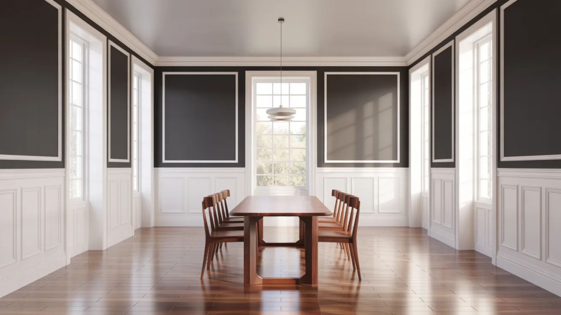 Dark gray walls with white trim in a spacious dining room