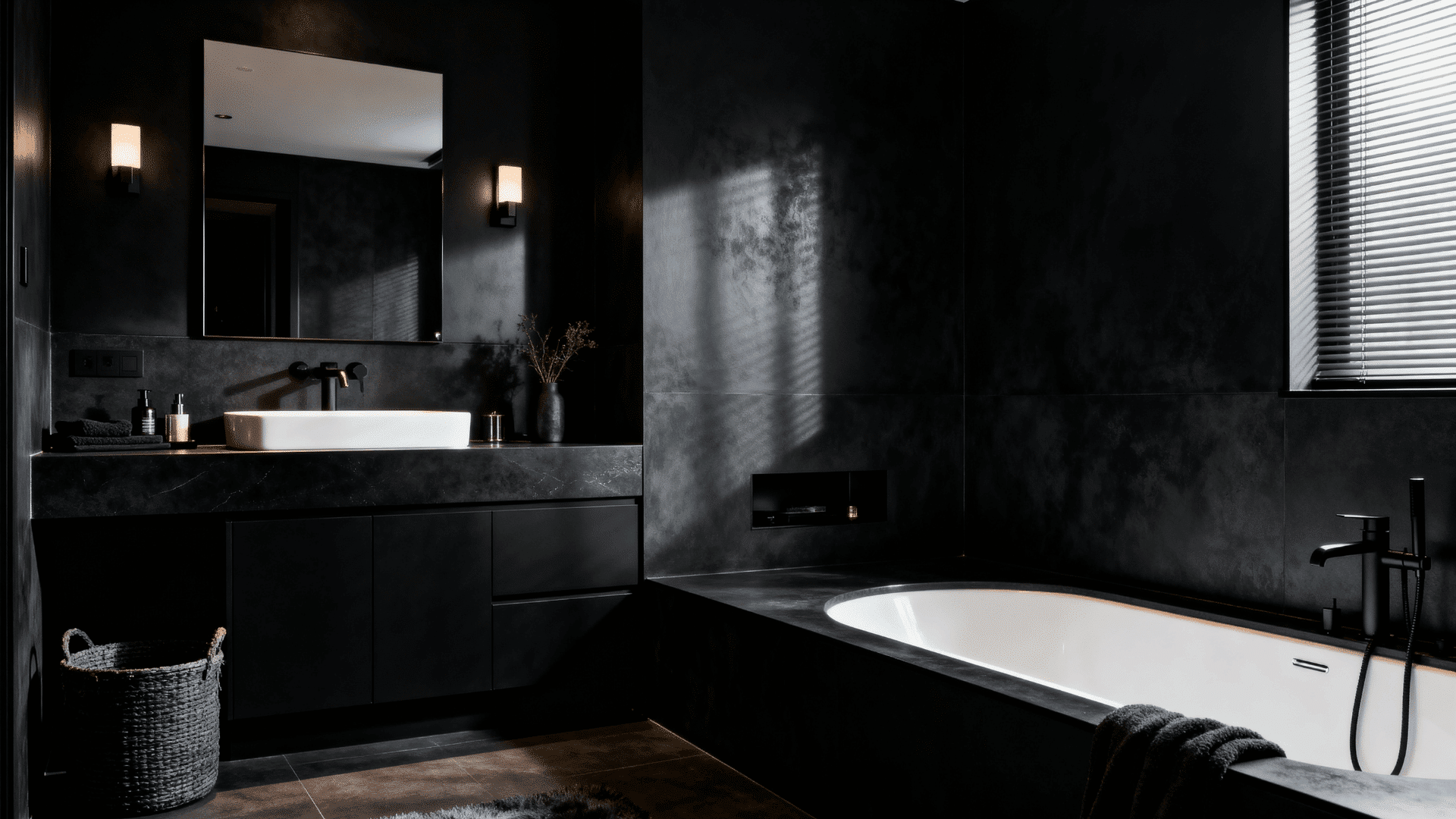 Dark modern bathroom with black walls, built-in tub, matte fixtures, soft lighting, sleek vanity, mirror, and moody minimalist design style