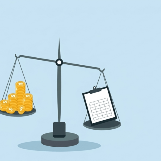 Debt to capital ratio illustration showing balance scale with coins outweighing financial records, representing capital structure and leverage.