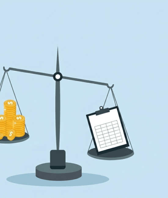 Debt to capital ratio illustration showing balance scale with coins outweighing financial records, representing capital structure and leverage.
