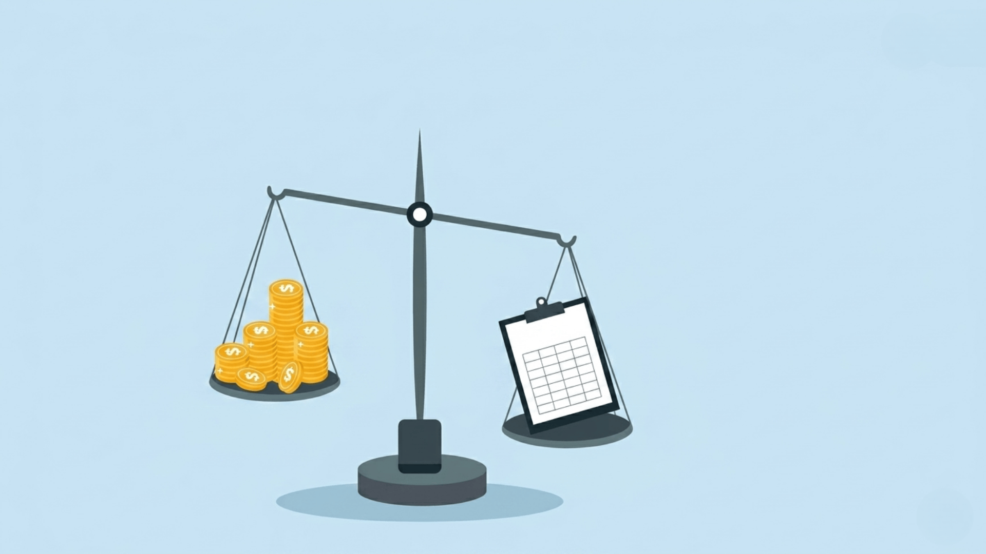 Debt to capital ratio illustration showing balance scale with coins outweighing financial records, representing capital structure and leverage.