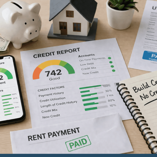 Desk scene with credit report, rent receipt, utility bill, piggy bank, and phone showing score, illustrating building credit without cards