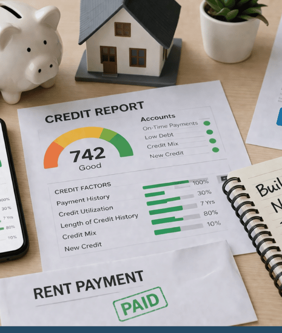 Desk scene with credit report, rent receipt, utility bill, piggy bank, and phone showing score, illustrating building credit without cards