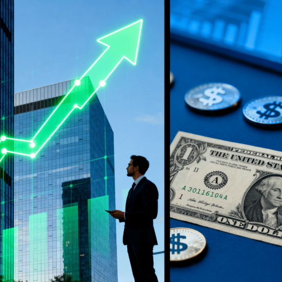 Difference between stocks and bonds rising market graph with business scene beside dollar bill and coins symbolizing equity vs debt investing.