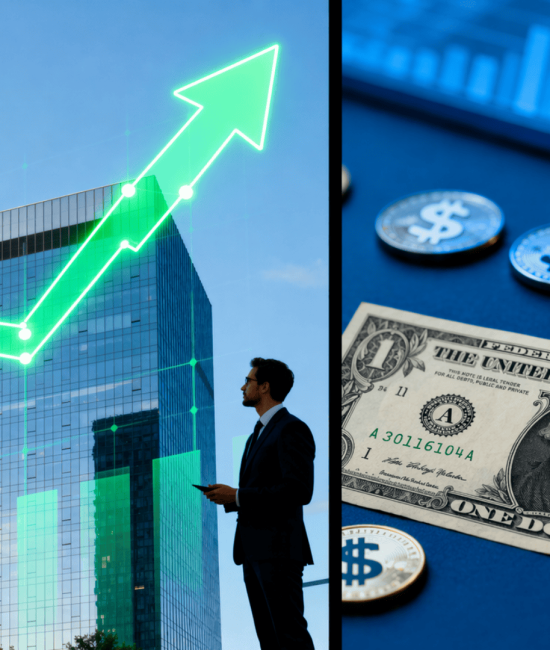 Difference between stocks and bonds rising market graph with business scene beside dollar bill and coins symbolizing equity vs debt investing.