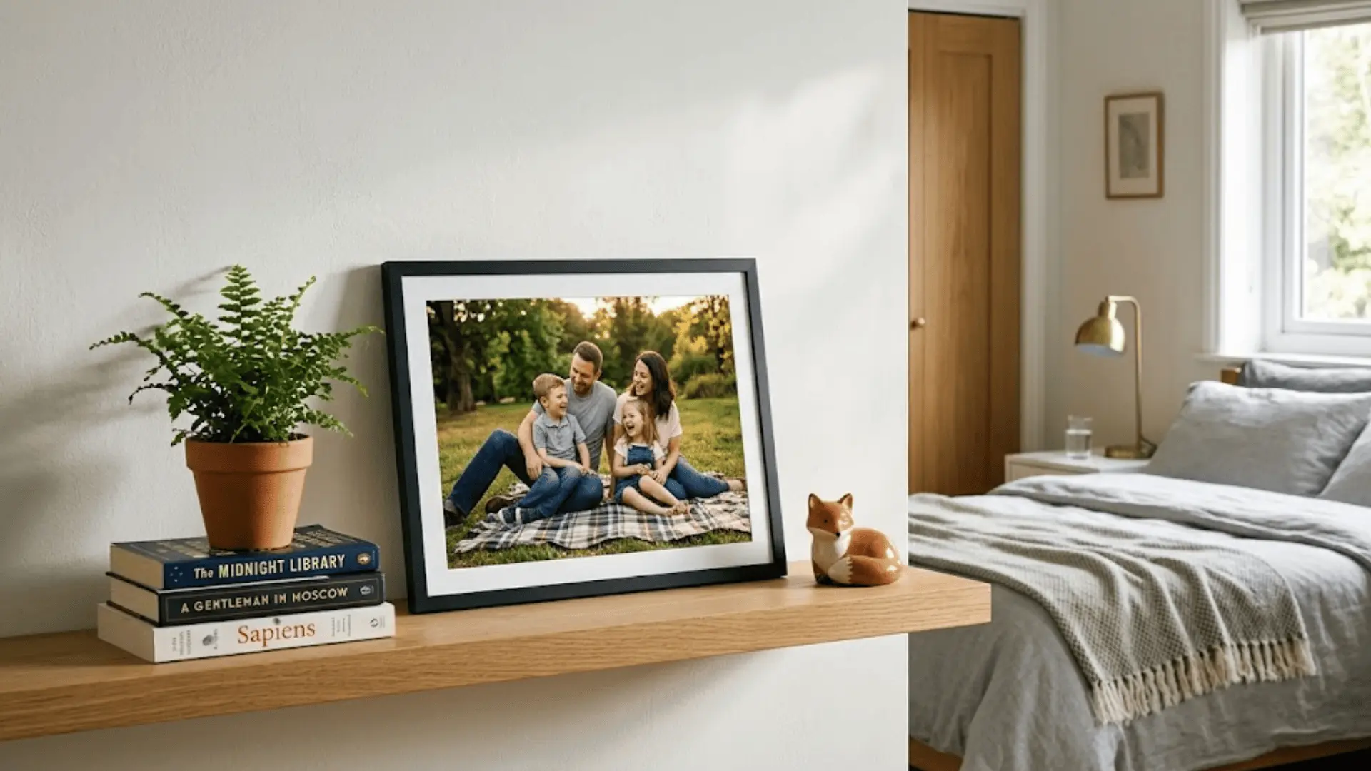 digital photo frame on bedroom shelf showing family photo beside fern and books in warm natural light