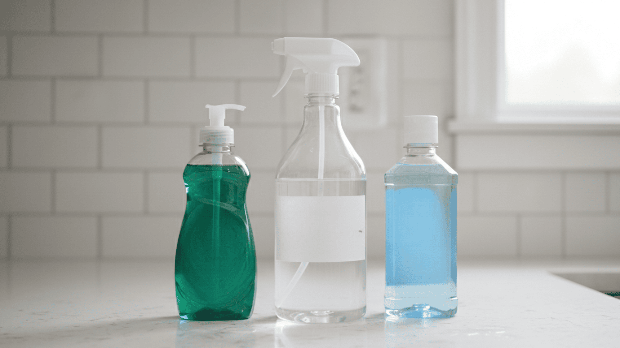 DIY disinfectant spray with dish soap and alcohol on clean counter
