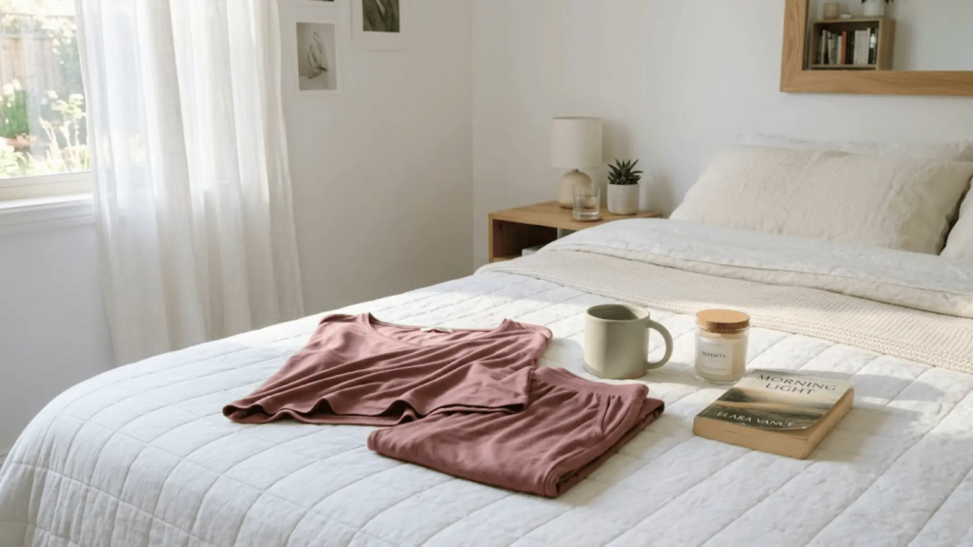 dusty rose modal loungewear set on quilted white bed with mug, candle, and book in soft morning light