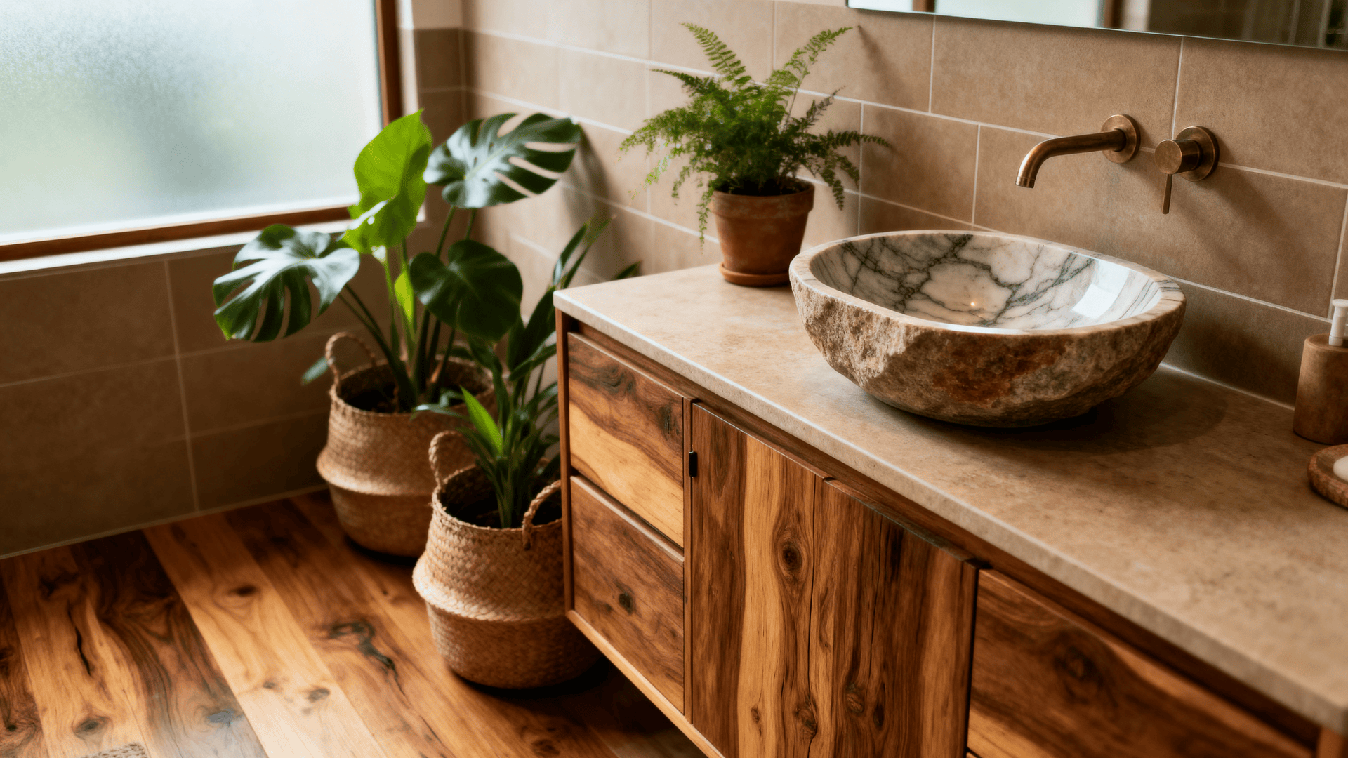Earthy bathroom with wood vanity, stone basin sink, brass faucet, indoor plants, woven baskets, and warm natural tones with soft light