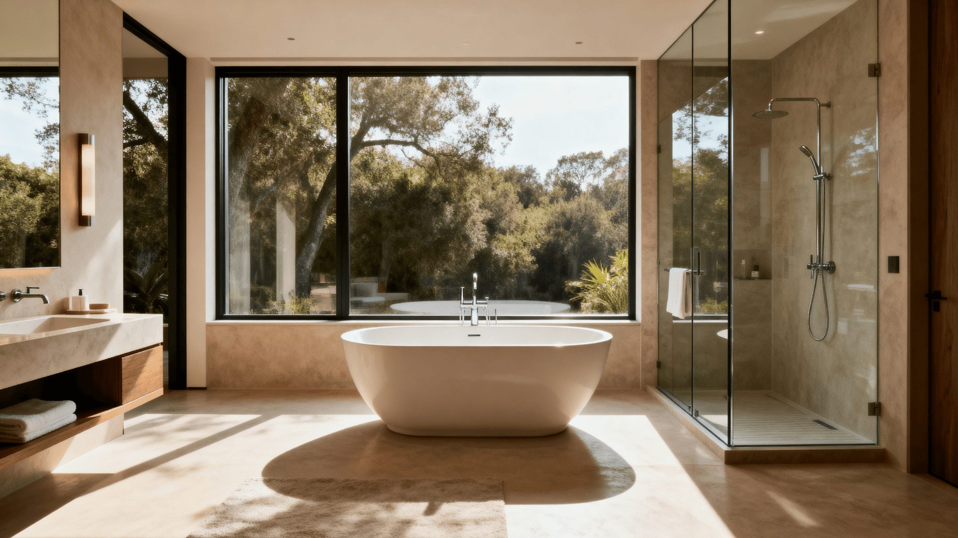 Earthy bathroom with wood vanity, stone basin sink, brass faucet, indoor plants, woven baskets, and warm natural tones with soft light (1)