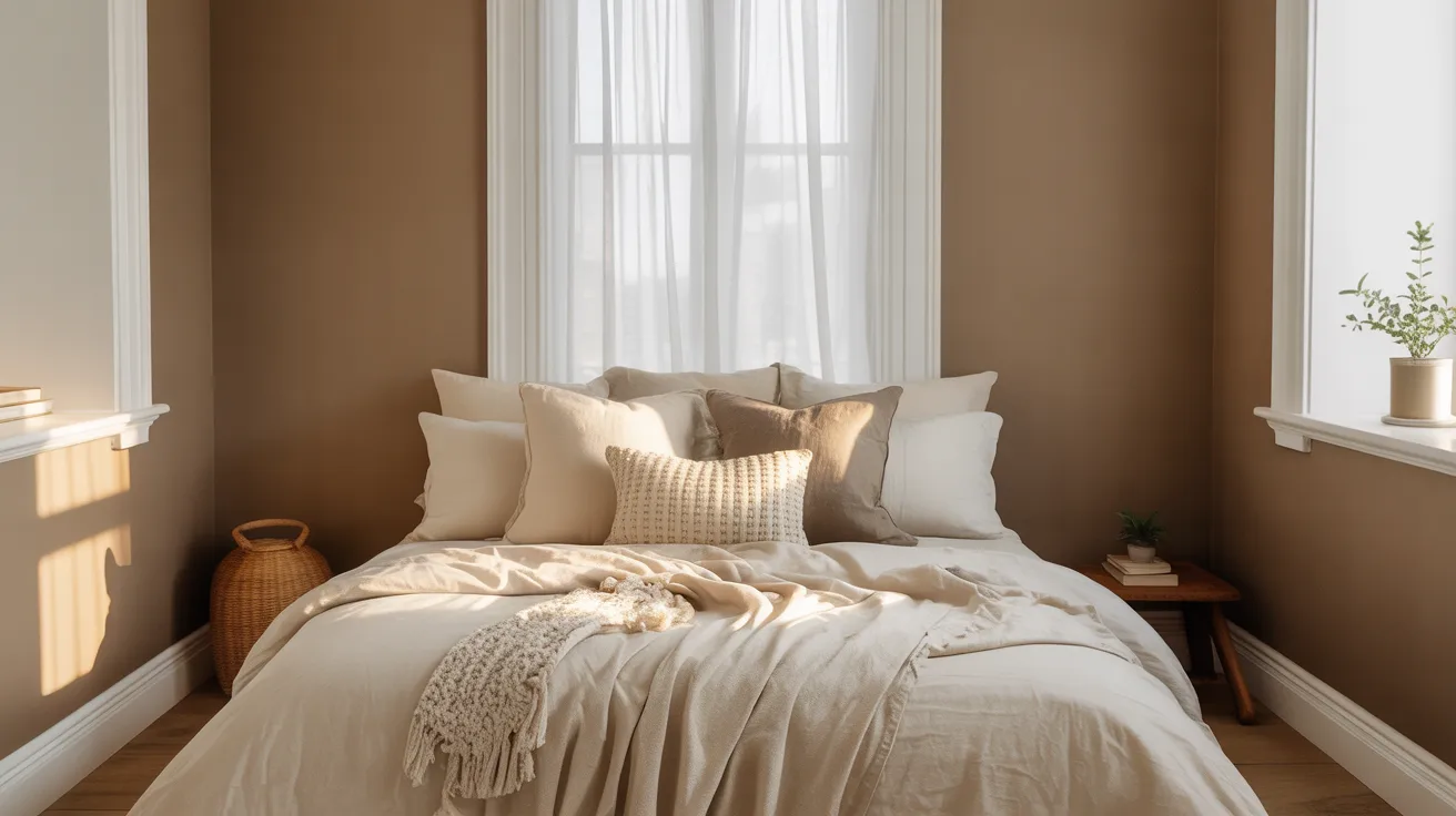Earthy taupe walls with soft white trim in a warm bedroom