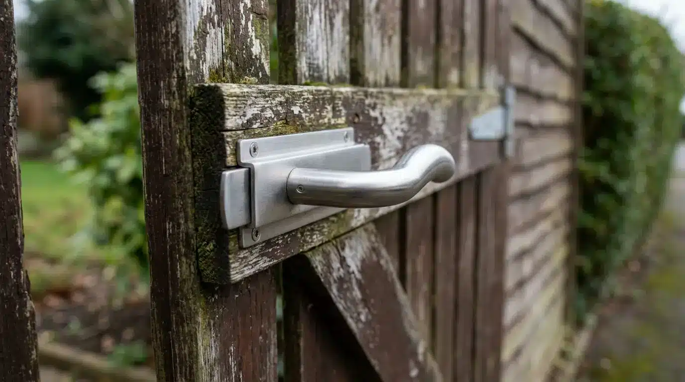 Rustic wooden gate with weathered texture and metal handle in outdoor garden setting