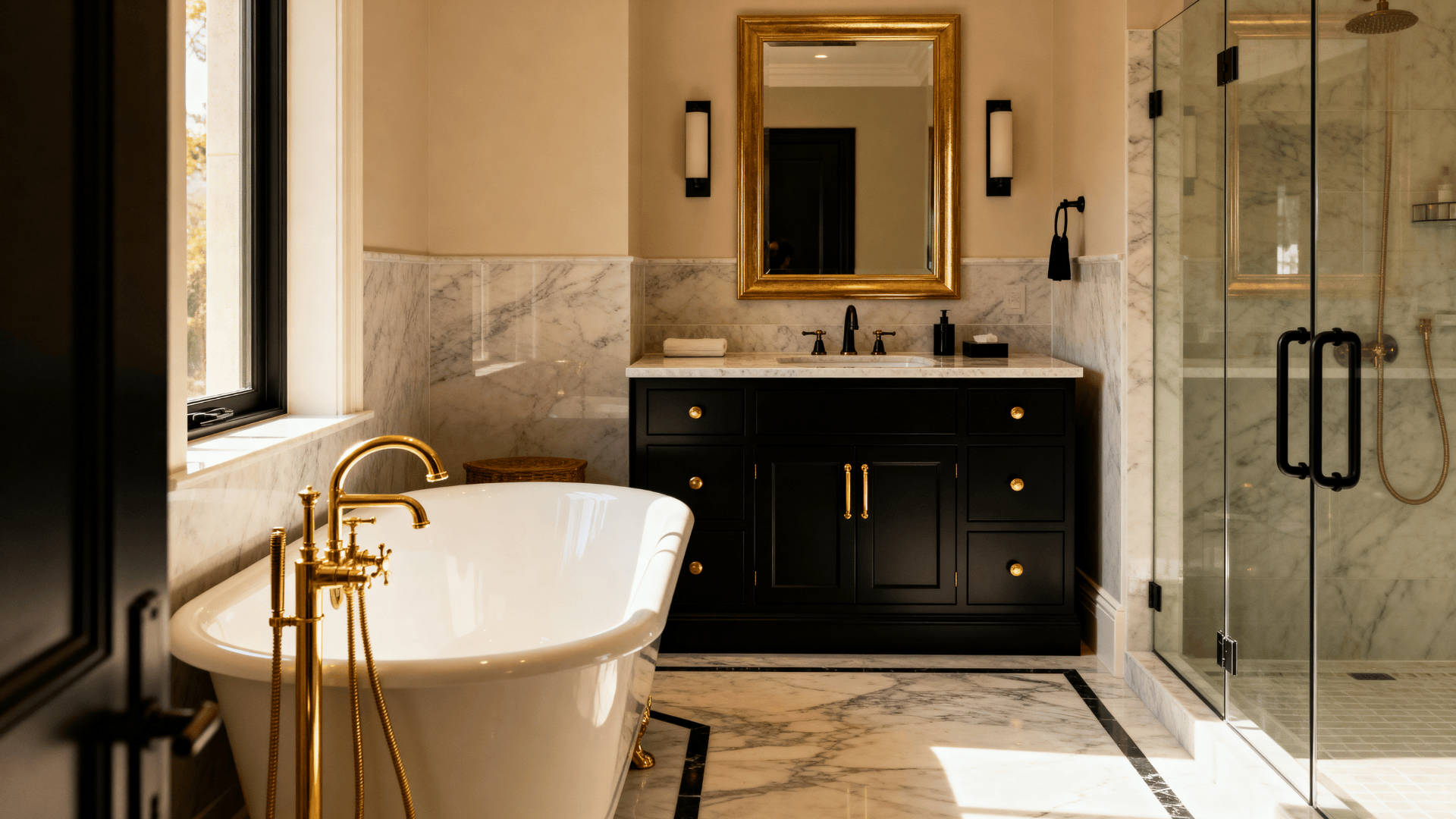 Elegant bathroom with freestanding tub, gold fixtures, black vanity, marble walls, glass shower, and warm natural light from window