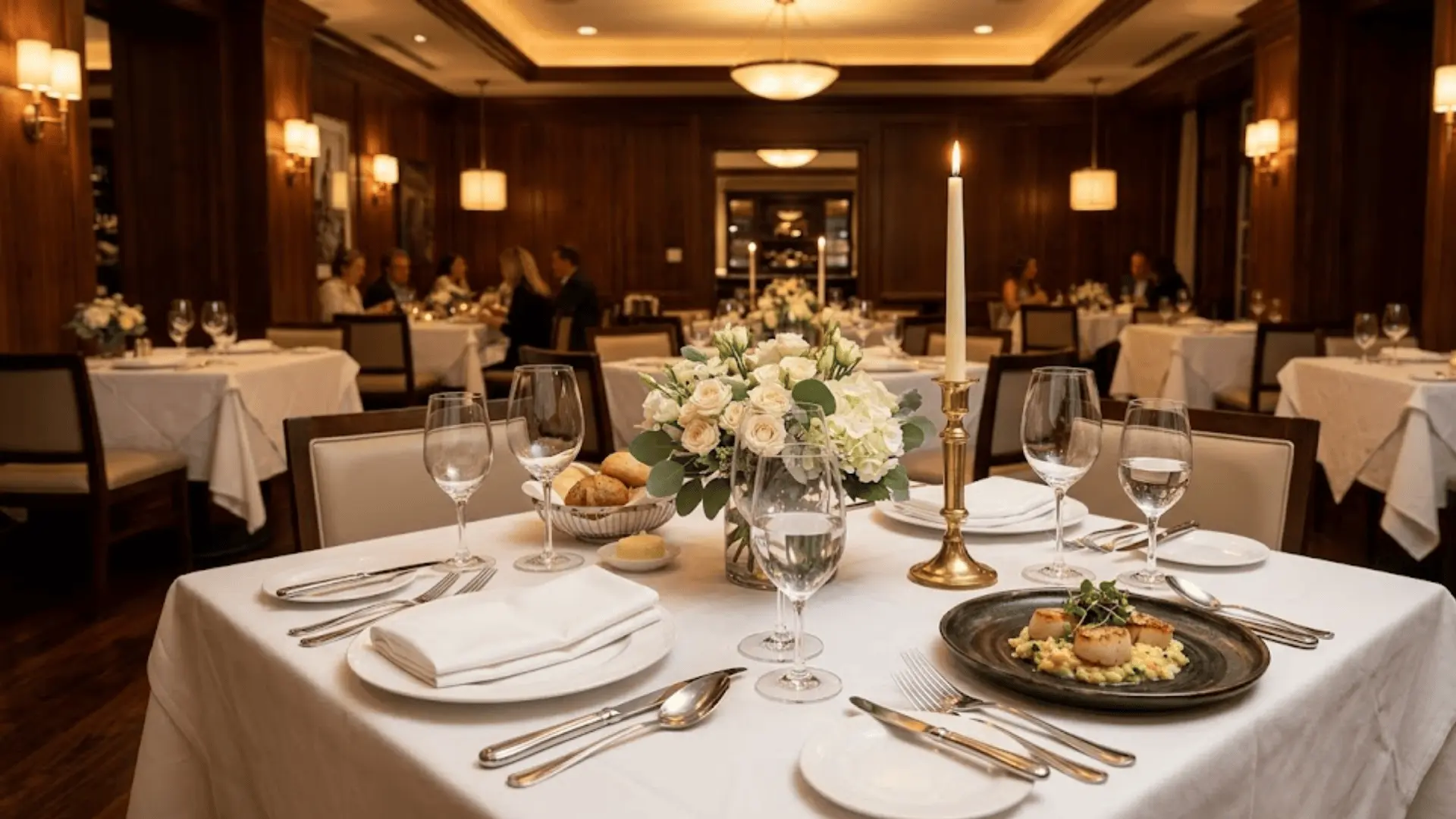 elegant fine dining table with crystal glasses, taper candle, ivory roses, and plated course in warm restaurant