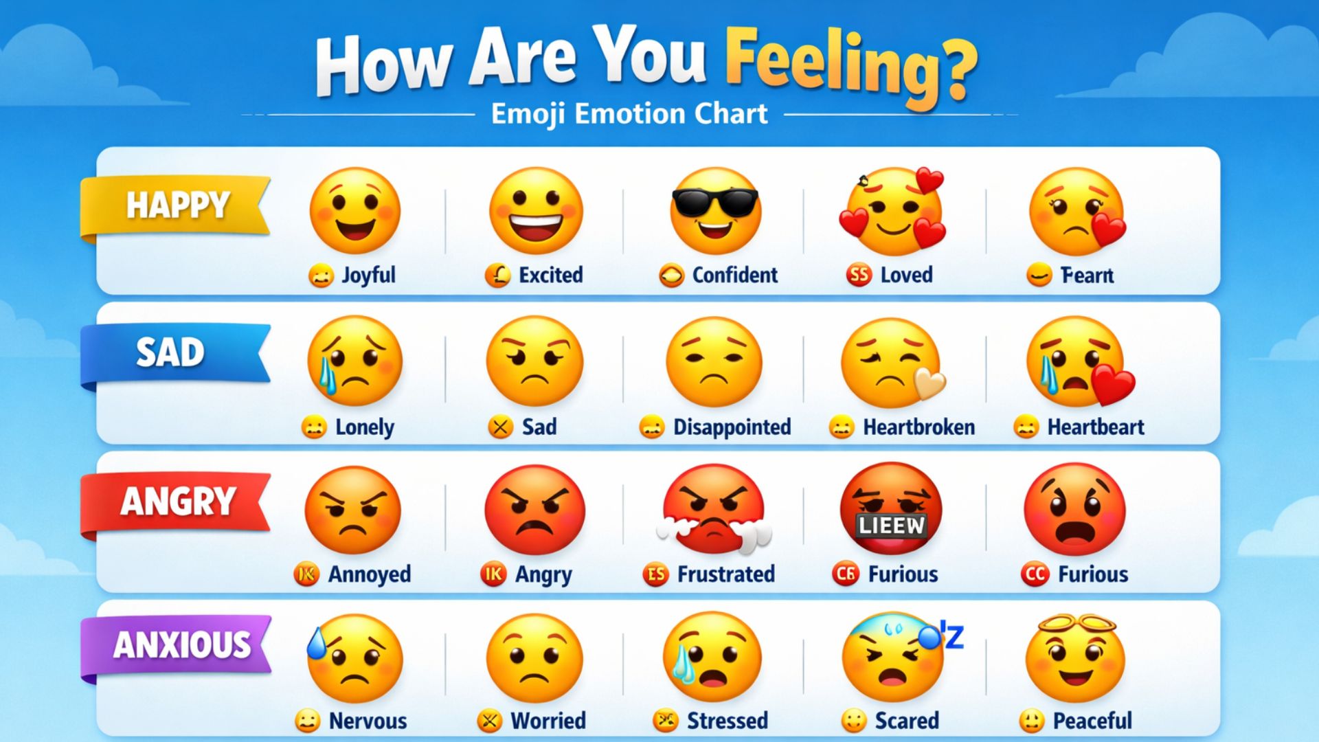 Emoji emotion chart infographic titled How Are You Feeling with colorful emojis grouped into happy, sad, angry, anxious, and calm categories