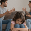 Emotionally immature parents arguing in the background while a sad child sits alone, showing emotional neglect and distress